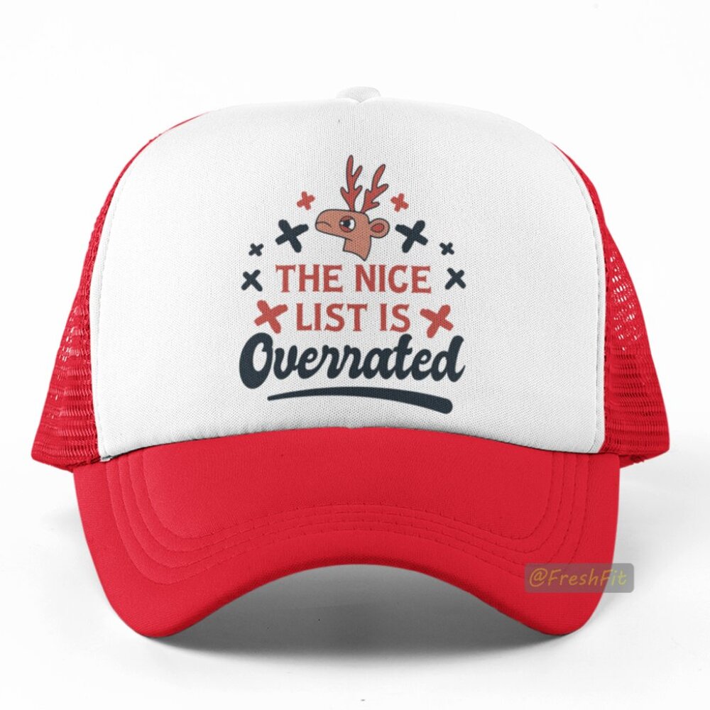 🆕The Nice List is Overrated Foam Trucker Hat Mesh Snapback Cap Red/White